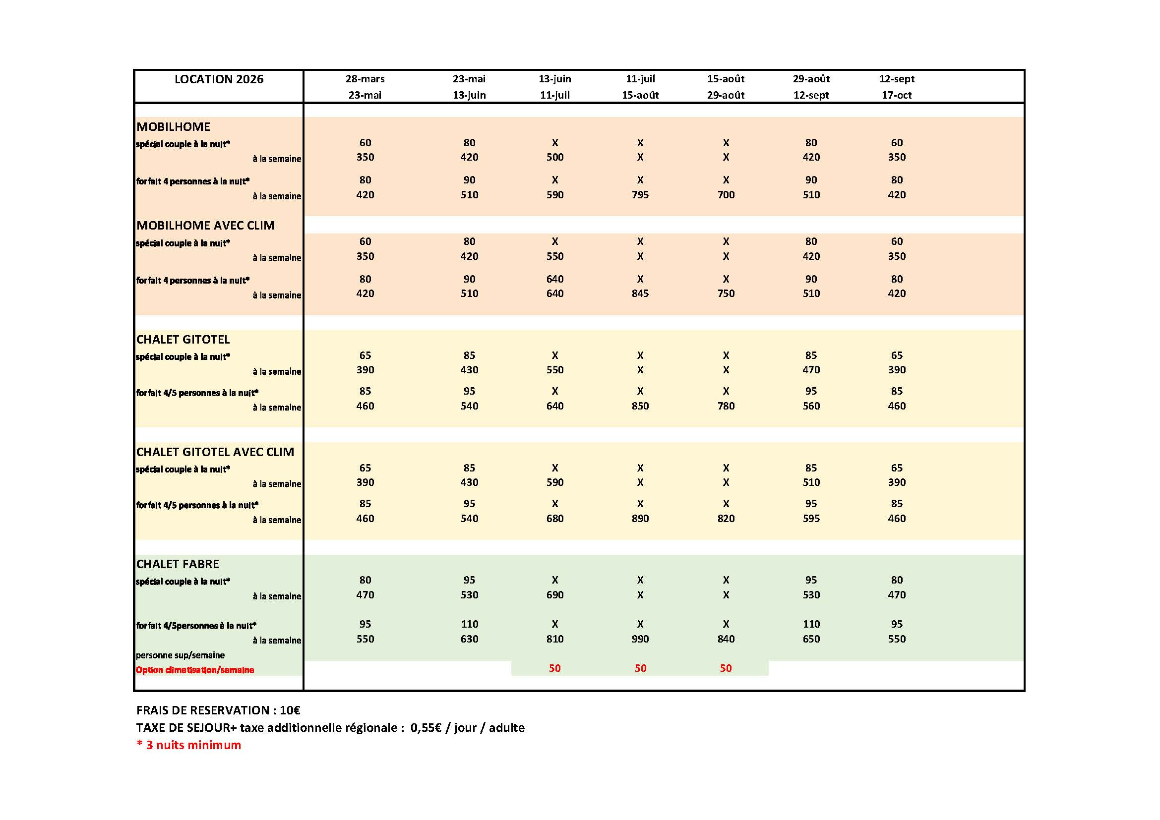 TARIFS LOCATION 2026